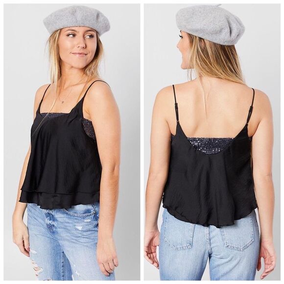 Free People Turn It On Sequin Halter Satin Camisole Tank Top Black Small - Picture 3 of 13